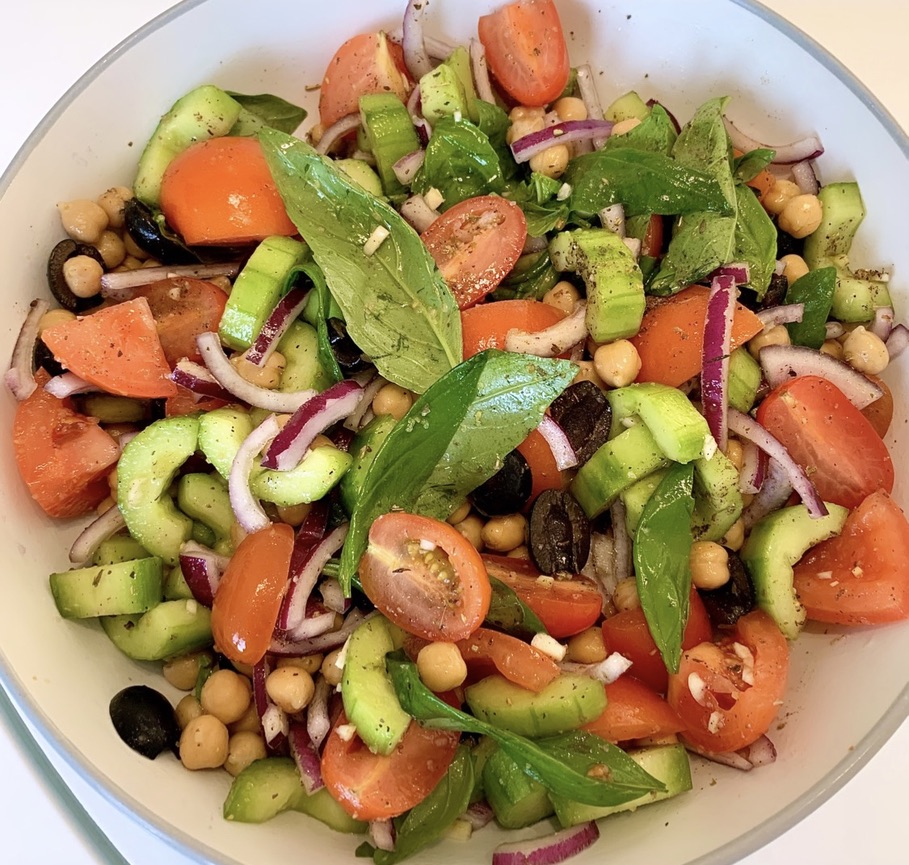 This beautiful fresh Mediterranean chickpea salad is full of colour, flavour, and highly nutritious.